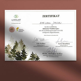 Zertifikat zur Ausbildung Klinische Waldtherapie mit 160 Ausbildungsstunden vom Waldwelt Institut für Waldbaden