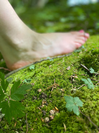 Waldbaden - nackter, gepflegter Fuß in der Bildunschärfe auf Moos im Wald