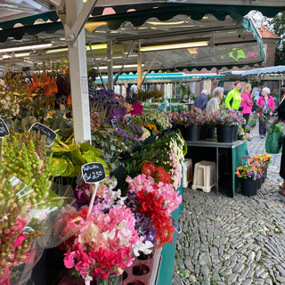 Das Bild zeigt den Blumenstand Wermelt auf dem Wochenmarkt in Münster mit verschieden farbigen Blumen und Menschen im Hintergrund.