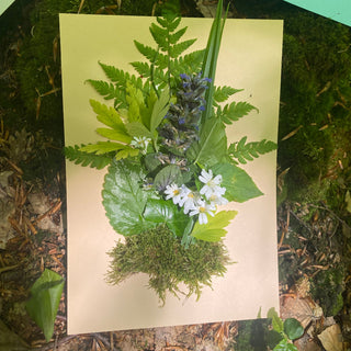 Das Bild zeigt eine im Waldbad gefertigte kreative, Waldpostkarte. Zu sehen sind grüne Blätter, Blumen und Moos aus dem Wald auf hellem Hintergrund. 
