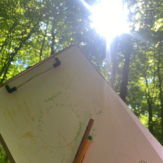 ein klemmbrett ist zu sehen im Wald in die Sonne gehalten wahrend eines Waldbaden Workshops in Münster. Es wurde darauf gemalt in einer entspannenden Übung.